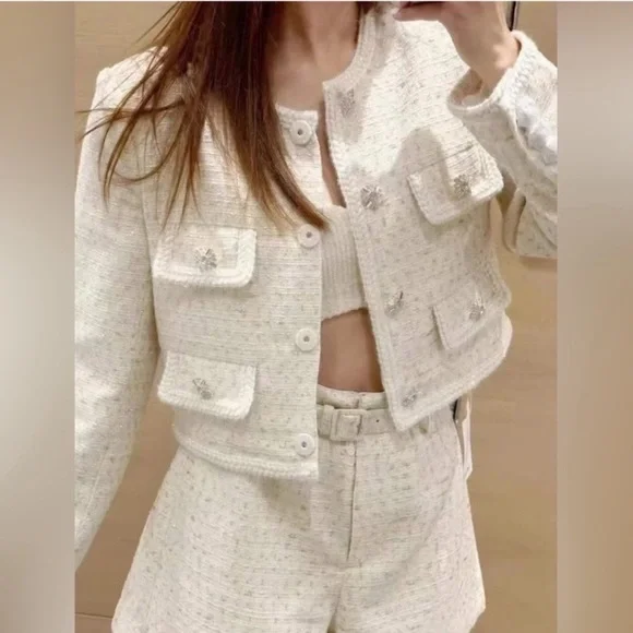 SELF PORTRAIT NWOT Cream Boucle with Gold Tinsel Blazer Jacket size 6 - Picture 2 of 13